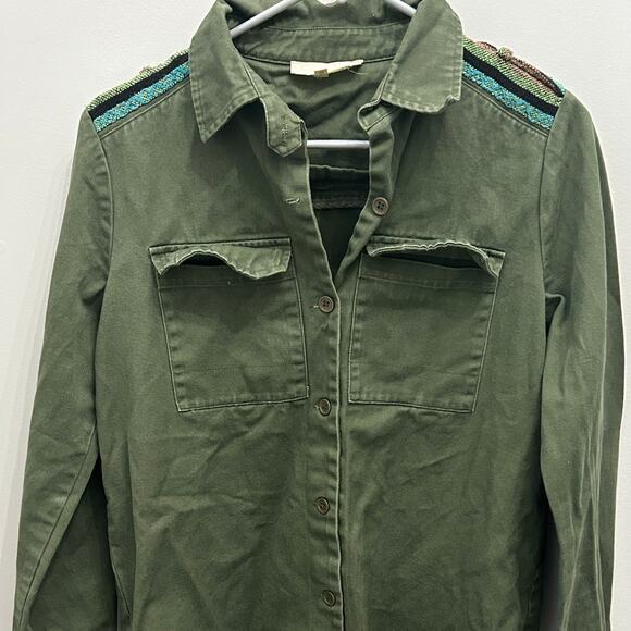 INA Utility Shirt Olive Embroidered Festival Western Epaulet Vibes Medium - Picture 2 of 6